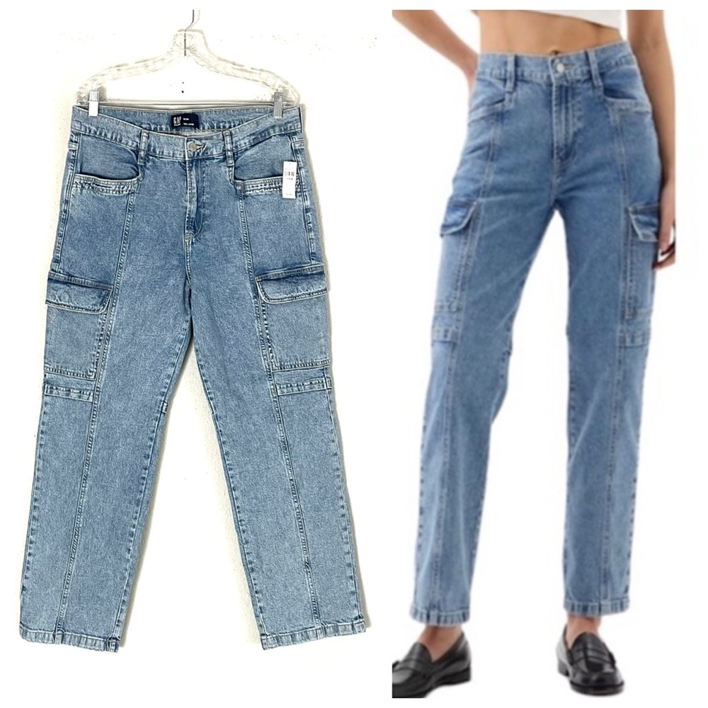 Gap Mid Rise 90s Loose Cargo Denim Jeans Stonewash Blue, Size 12/31R‎